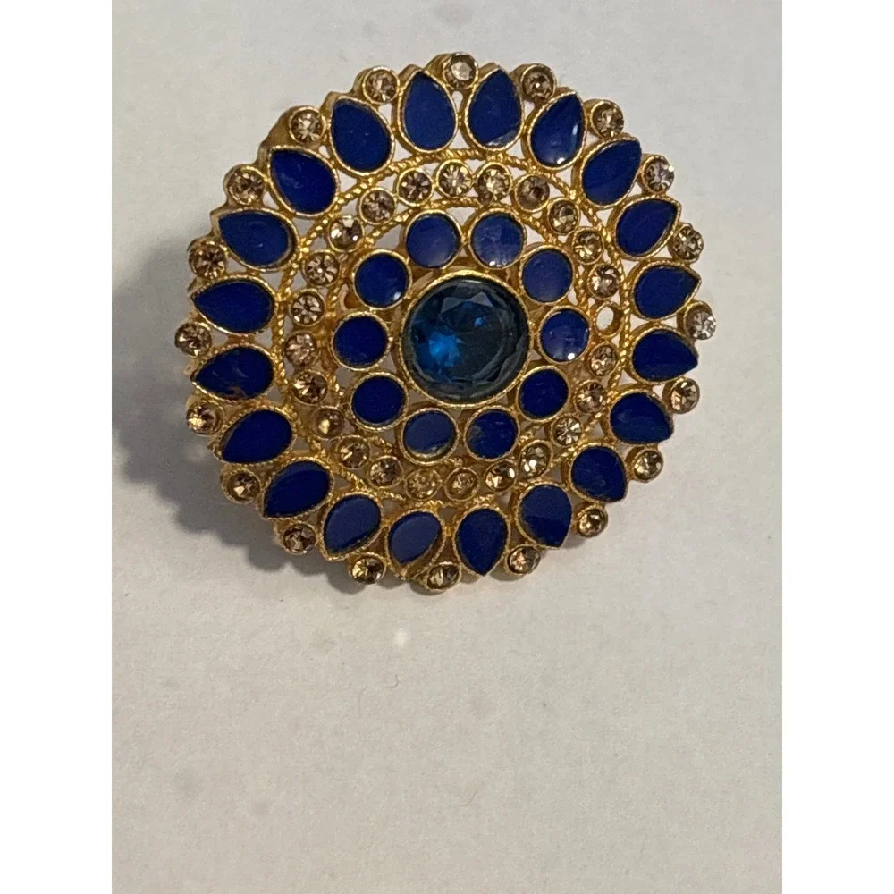Gold Tone Round Statement Ring‎ Blue Crystal Rhinestone Adjustable